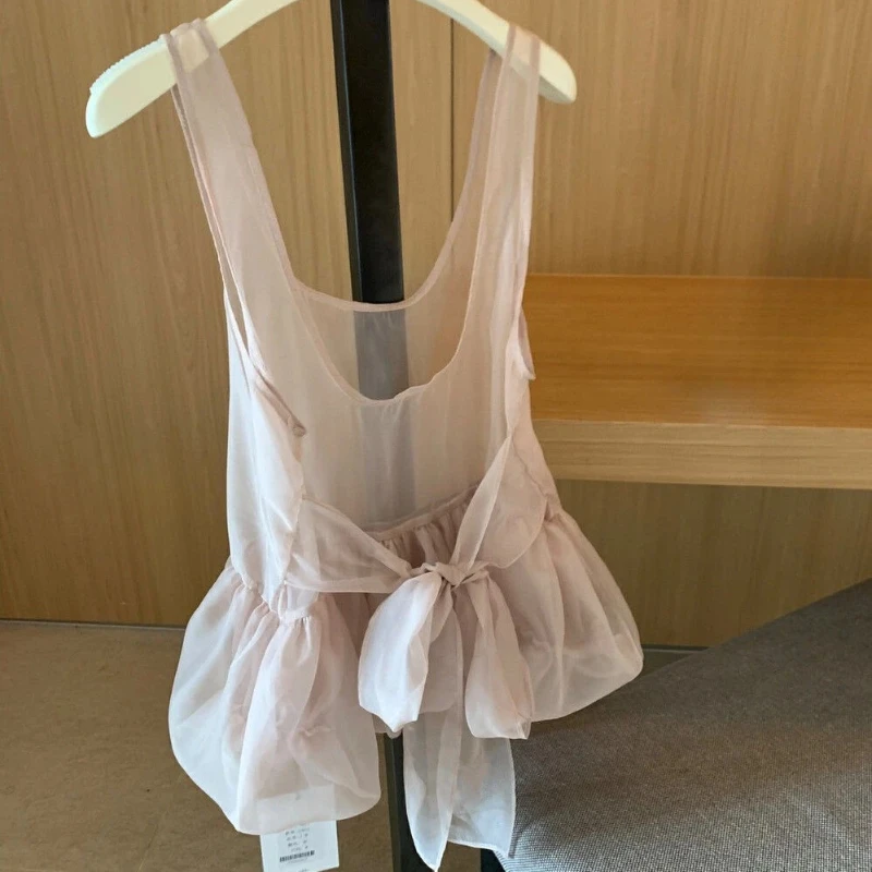 Summer Casual Backless Design Tops Women Mesh Sheer Bow Tied Overlap Sleeveless Shirt Female Korean Fashion Sweet Vest Chic New