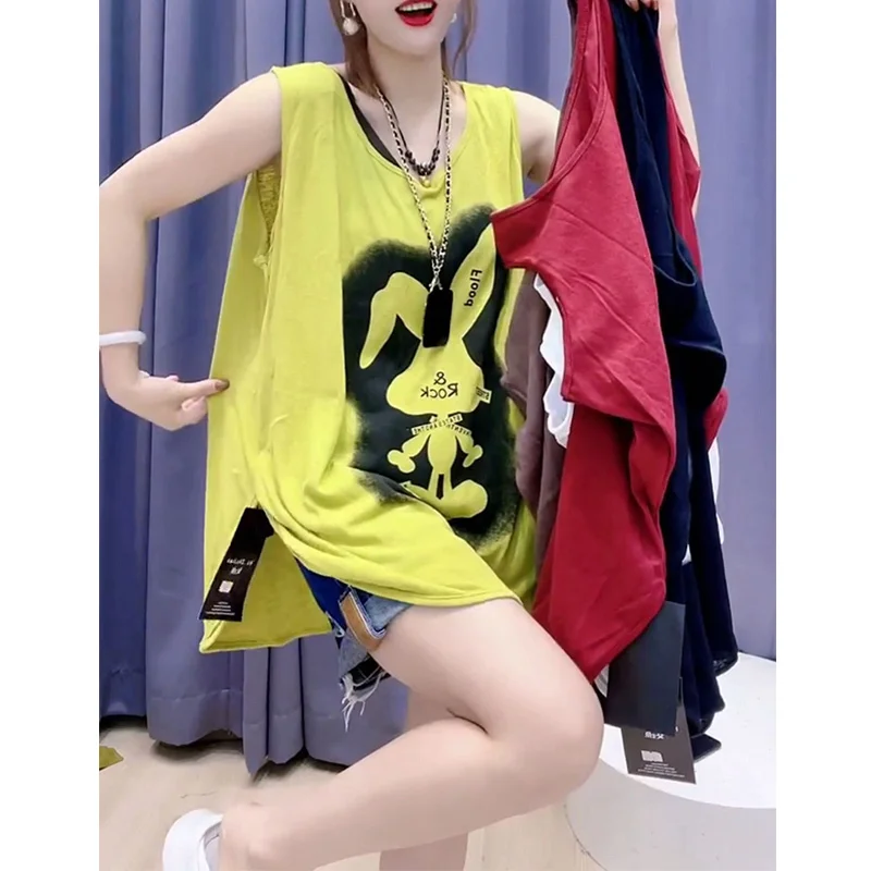 

Loose Sleeveless Printing Tanks Summer New Split Hem Asymmetrical Solid Color Casual T Shirts Vintage Fashion Women Clothing