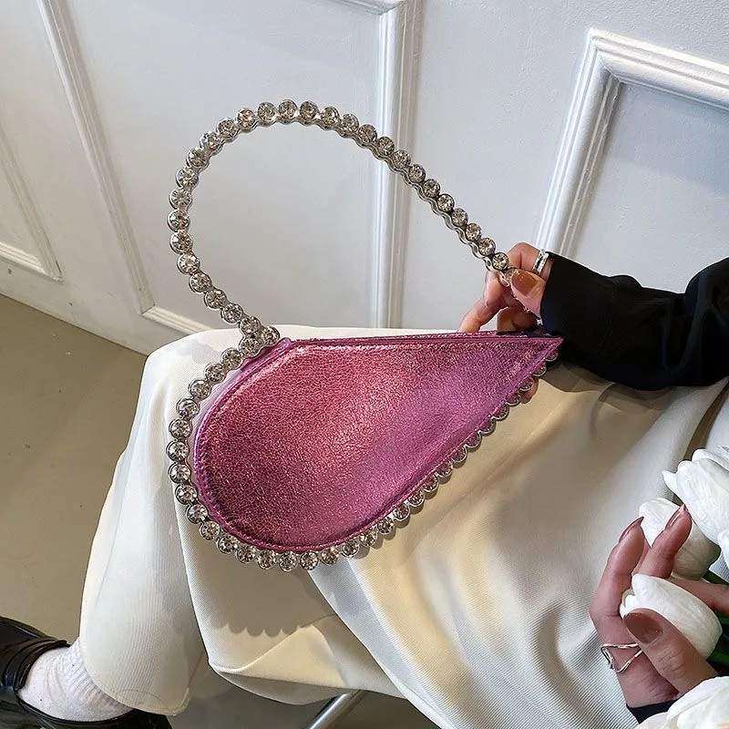 Heart Shaped Evening Diamond Clutch Bags for Women, Chic Metal Handle Rhinestone, Shiny Sequins Purse, Female Wedding Handbags