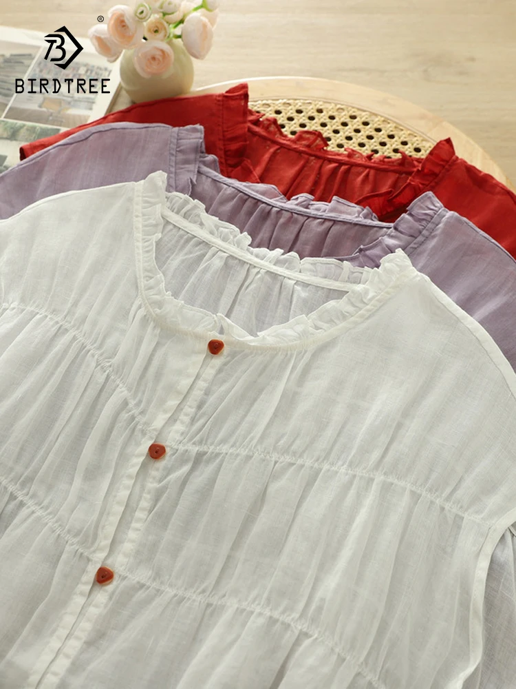 

Новая летняя женская рубашка из хлопка и льна с коротким рукавом, круглым вырезом, оборками и складками, в стиле Mori Girl, модная повседневная тонкая свободная блузка T64524CC