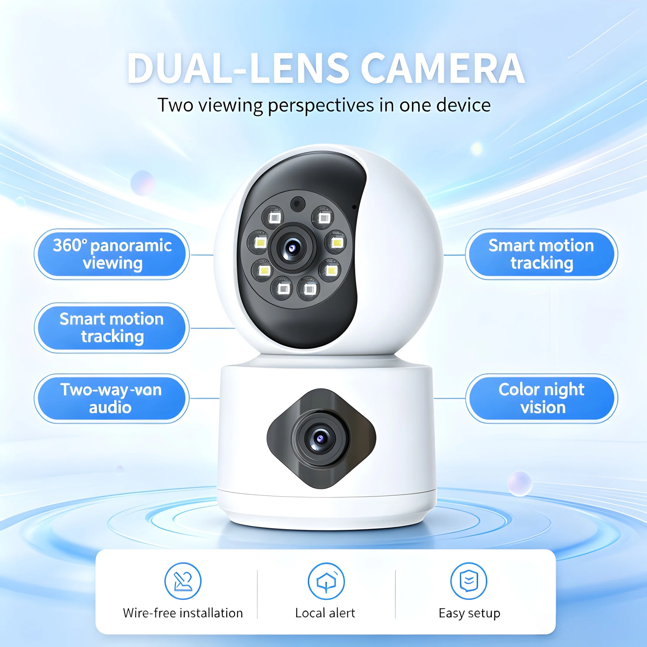 PTZ Camera with Dual Lens 360 View WiFi Security IP Camera Color Night Vision Cloud TF Storage Two-Way Audio Auto Tracki