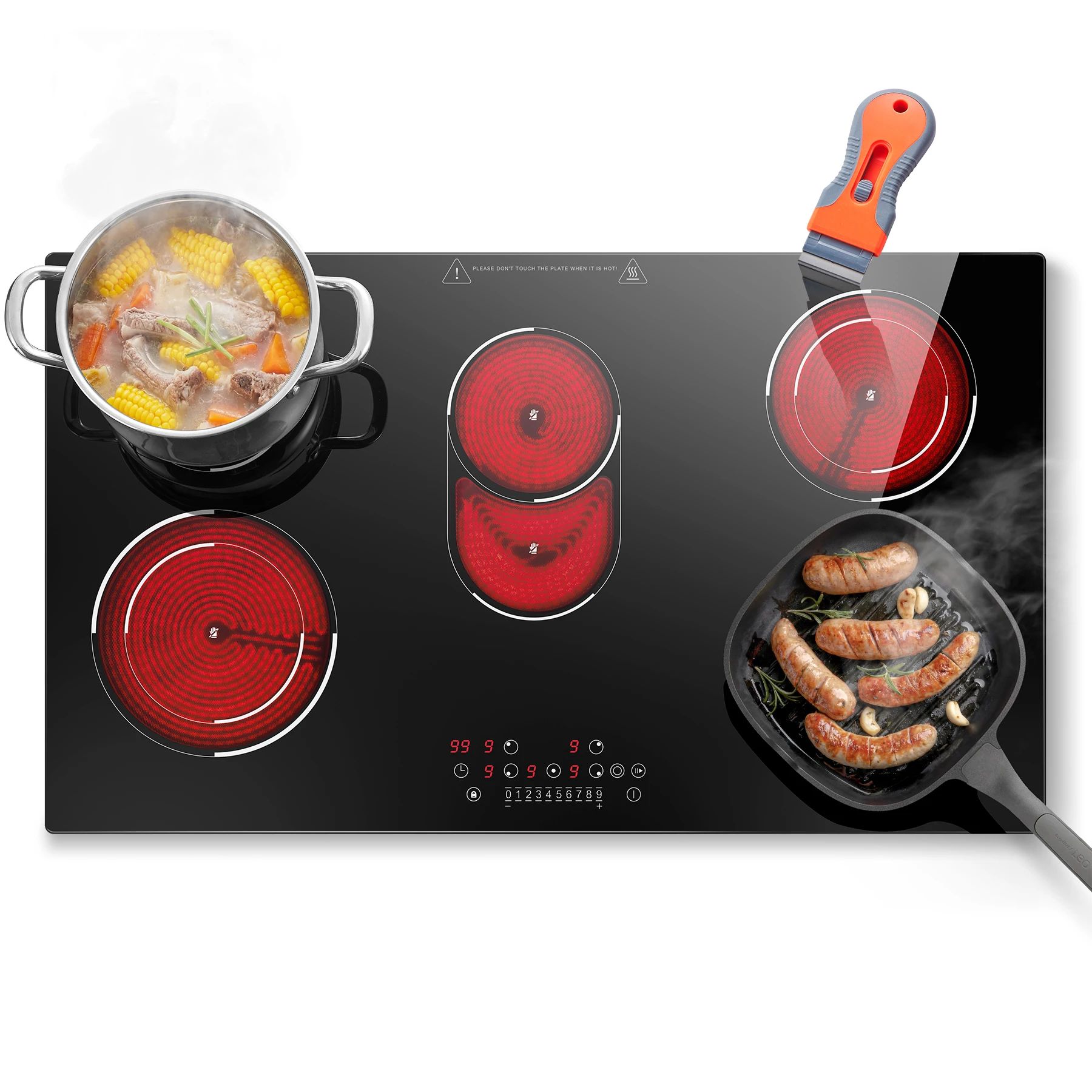 Placa Vitrocerámica Integrada de 90 cm con 5 Zonas, 8400 W, Control Táctil, Temporizador, Compatible con Todas las Ollas