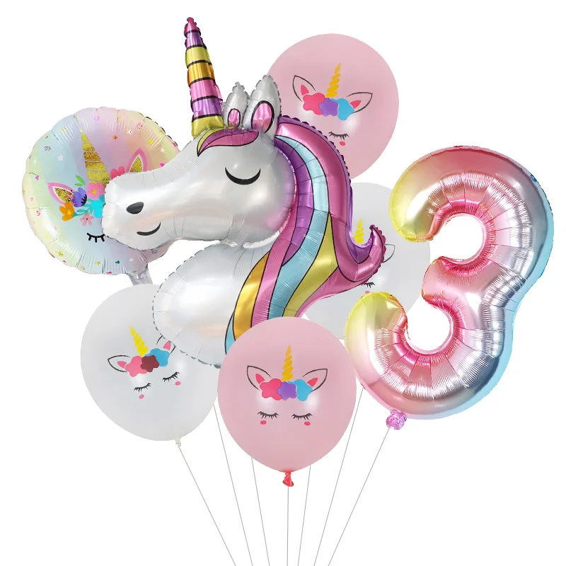 Globos de fiesta con temática de unicornio para niñas, globos redondos de aluminio, decoraciones de fiesta de cumpleaños de unicornio de 1 año,