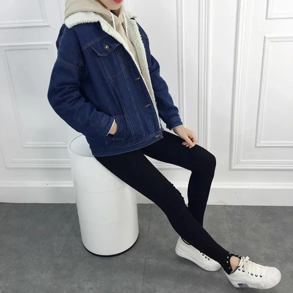 Jaqueta jeans acolchoada de lã de cordeiro feminina, jaqueta acolchoada de algodão, velo solto, casual, quente, curta, cor sólida, outono, inverno,