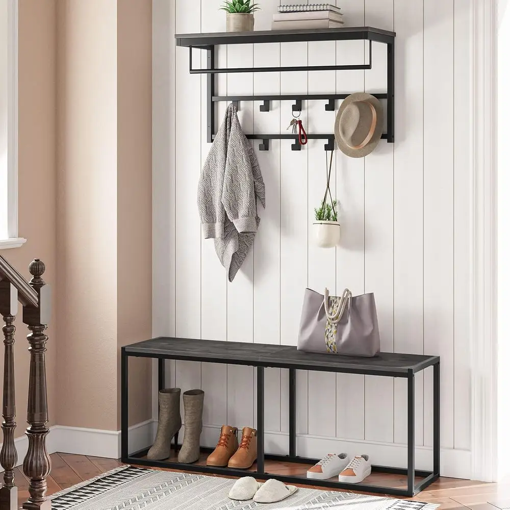 47.2 Industrial Kitchen Table Bench, Steel Frame, Easy Assembly, Suitable for Dining and Kitchen, Charcoal and Black