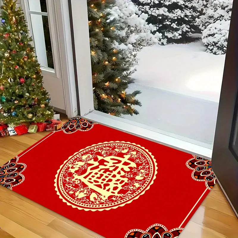 VIKAMA Red Lucky Chinese Fortune Doormat Non Slip Washable Entrance Rug Welcome Floor Mat for Front Door Home Indoor Decor