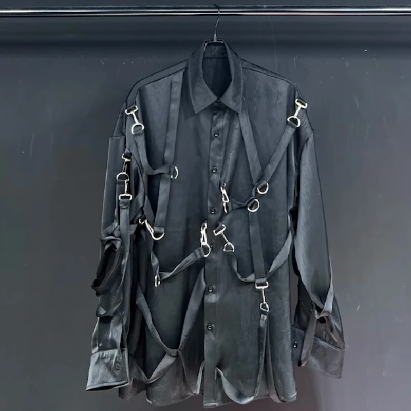 

Creative Slippery Lazy Style Shirt Men's Loose Long Sleeved Shirt Metal Buckle Decorative Ribbon Woven Streetwear Shirt Women