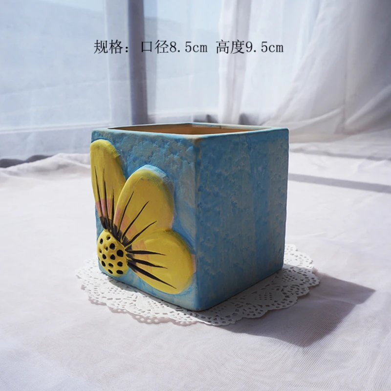 Vase Ceramic Hand-Painted Square Basin Retro Simple Modern Succulent Flower Pot Breathable All-Match Combination Set Pastoral