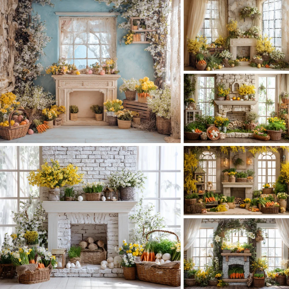 

Spring Easter Backdrop Fireplace House Flowers Eggs Birthday Party Decor Kids Portrait Photography Background Photo Studio Props
