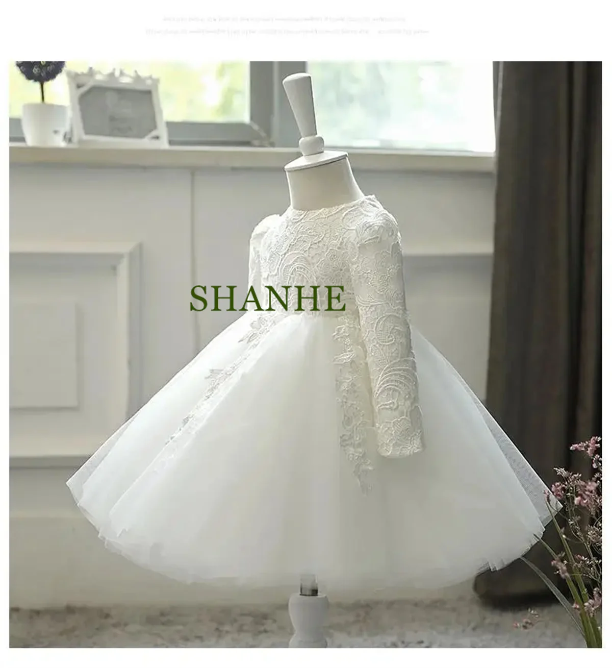 CustomizedKids Lace White Flower Girl Dress Birthday Embroidered Long Sleeves Retro Ball Gown Knee Length Princess Dress Short L