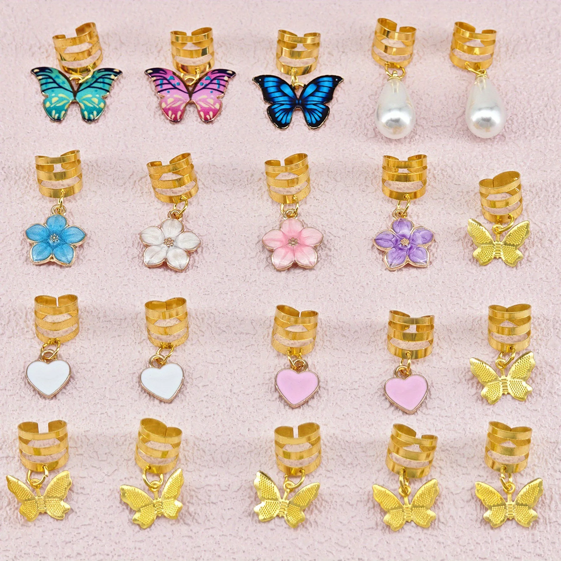 20 ชิ้นโลหะผสมลูกไม้หัวใจหยดน้ําจี้ผมแหวนชุด DIY ถักเปียอุปกรณ์ผมคลิปผม