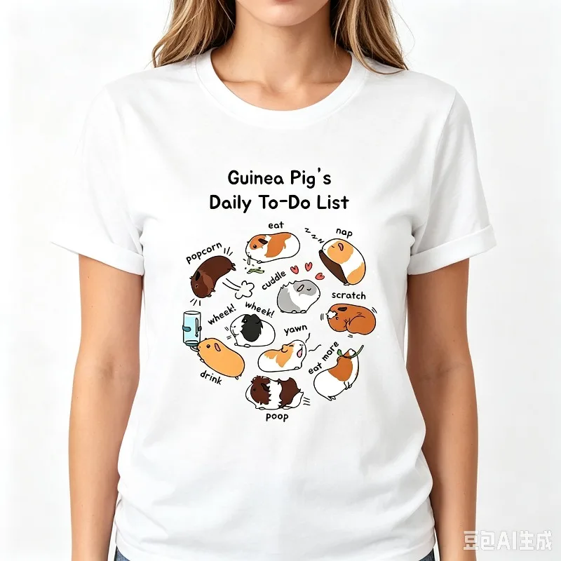 Guinea Pig's Daily To-Do List Print T-Shirt Women Modal Fabric Loose Crew Neck Tee Cute Animal Funny Casual Daily Streetwear Top