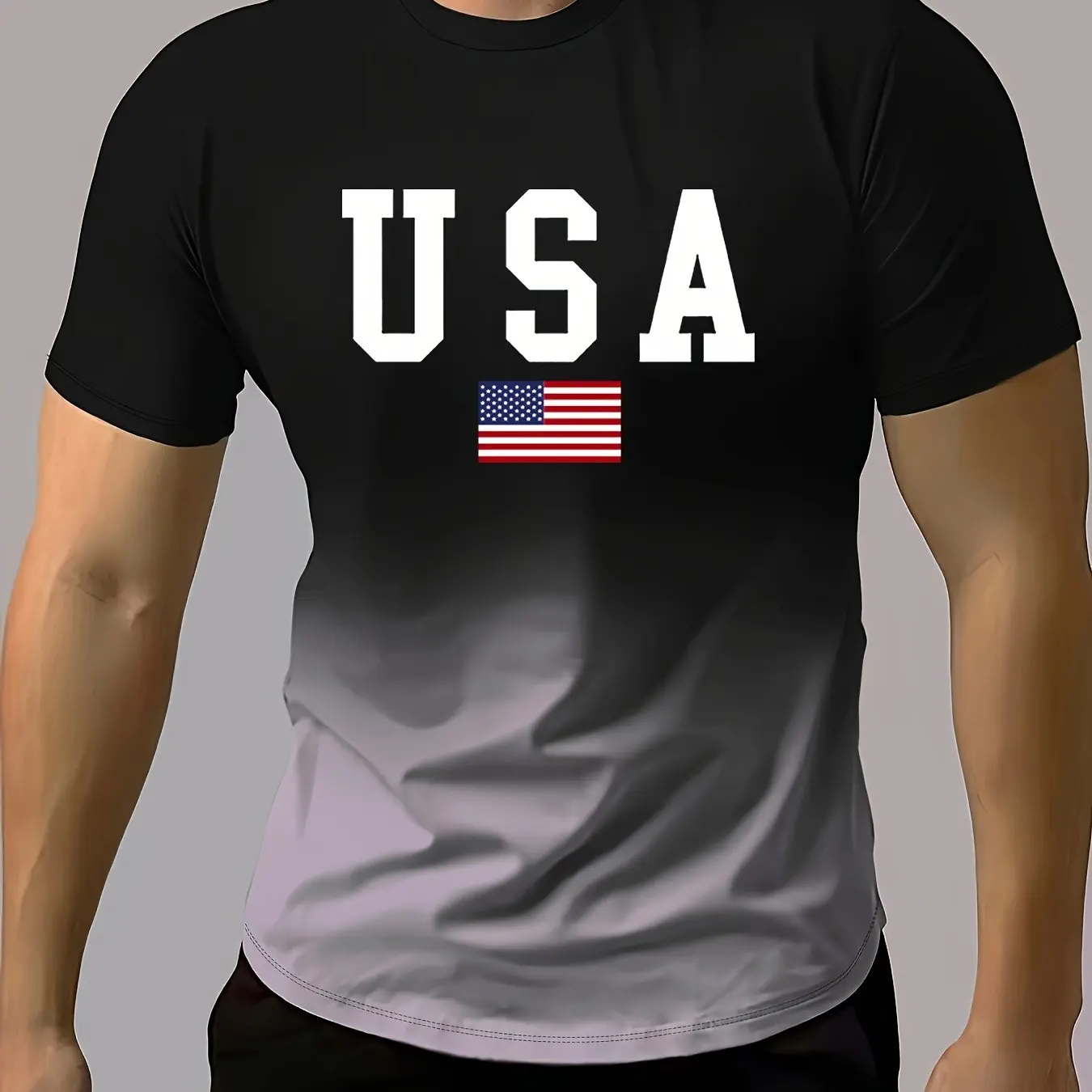 Men\'s fashion gradient American flag pattern and letter printed \