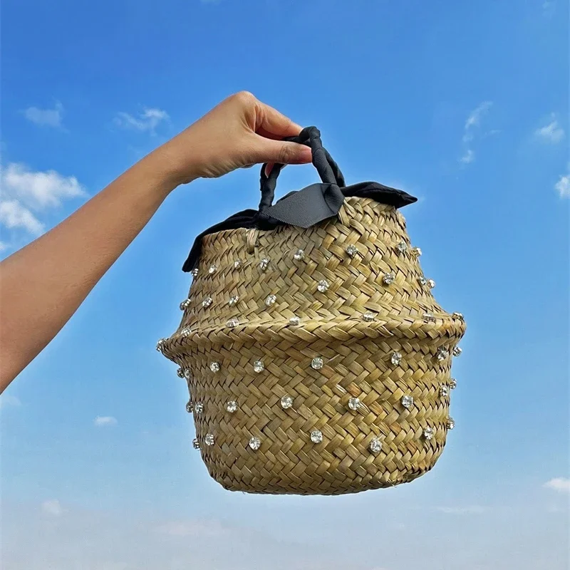 Luxury Diamond Encrusted Wicker Handbag, Designer Rattan Bucket Bag, Vintage Summer Beach Straw Tote Purse, Fashion Accessory