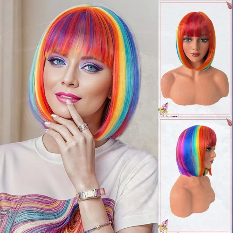 

Halloween Anime New Cos Wig Rainbow Bob Head Qi Bangs Chemical Fiber Full Head Set Wig