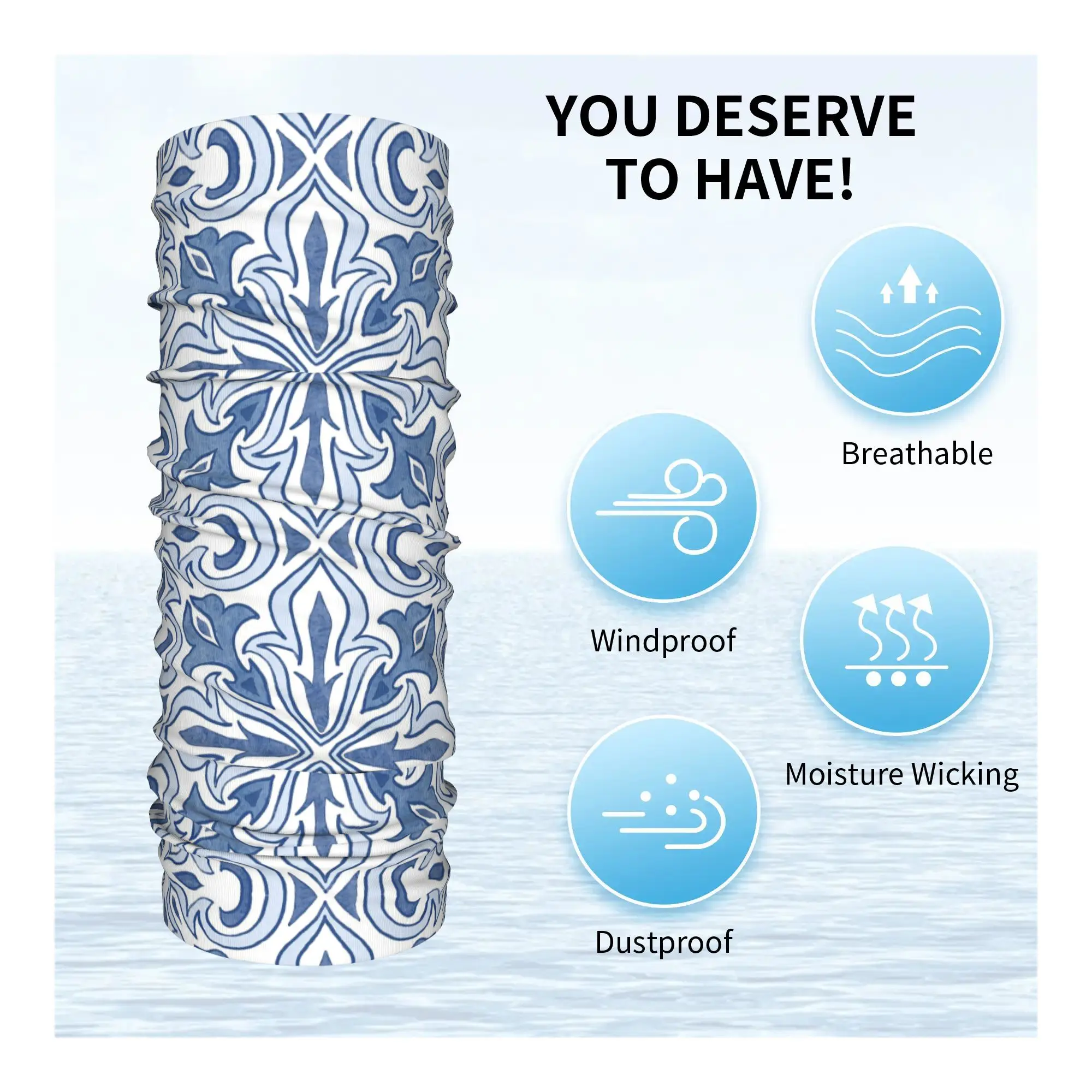 Diseño de azulejo portugués adornado, Bandana azul, cubierta para el cuello, máscara envolvente impresa, bufanda, diadema, senderismo, pesca para hombres, mujeres y adultos