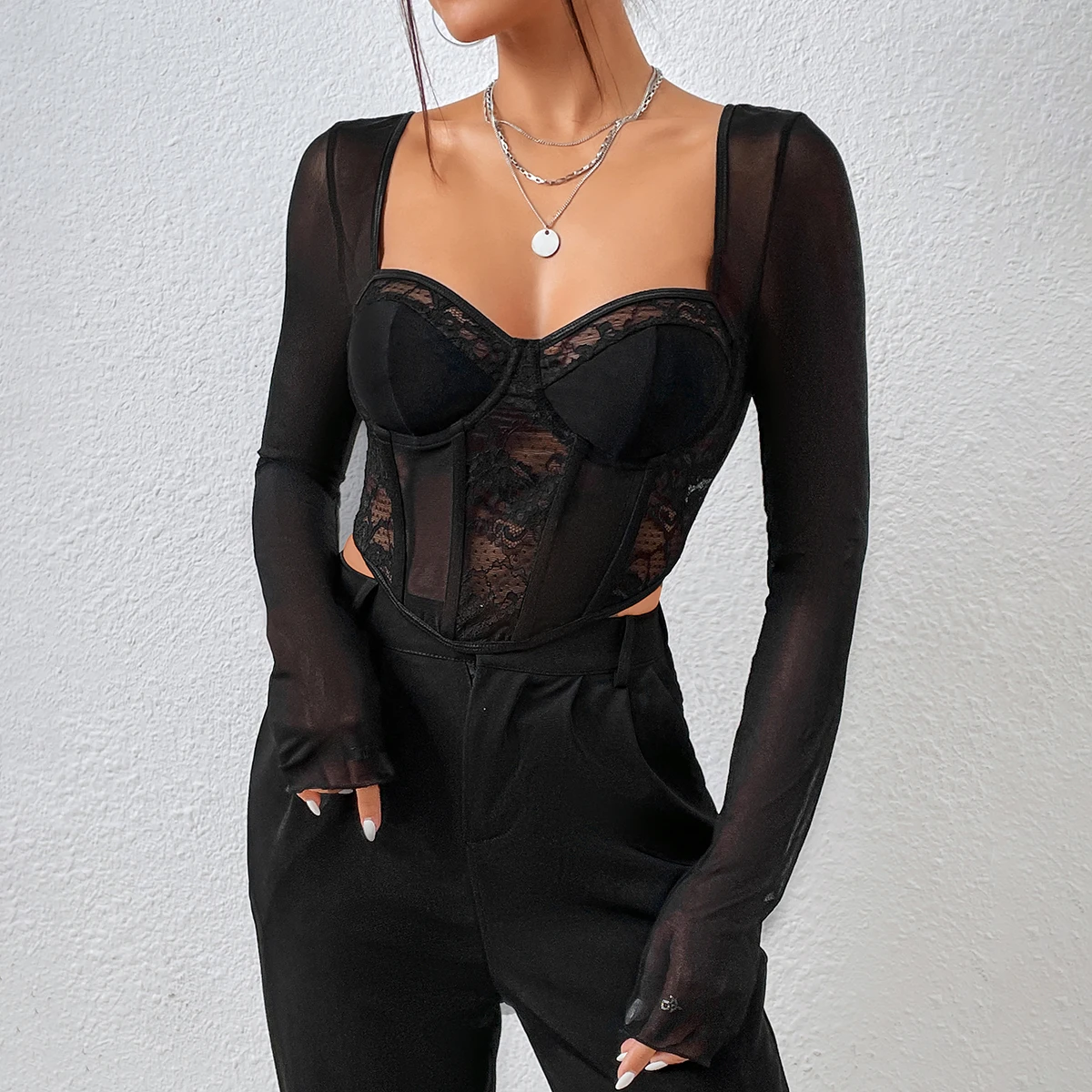 Vemina Selection of Autumn Chic Sexy​ V Neck Long Sleeve Mesh Crop Top, Women Black Lace Embroidery Hollow Out Slim Blouses