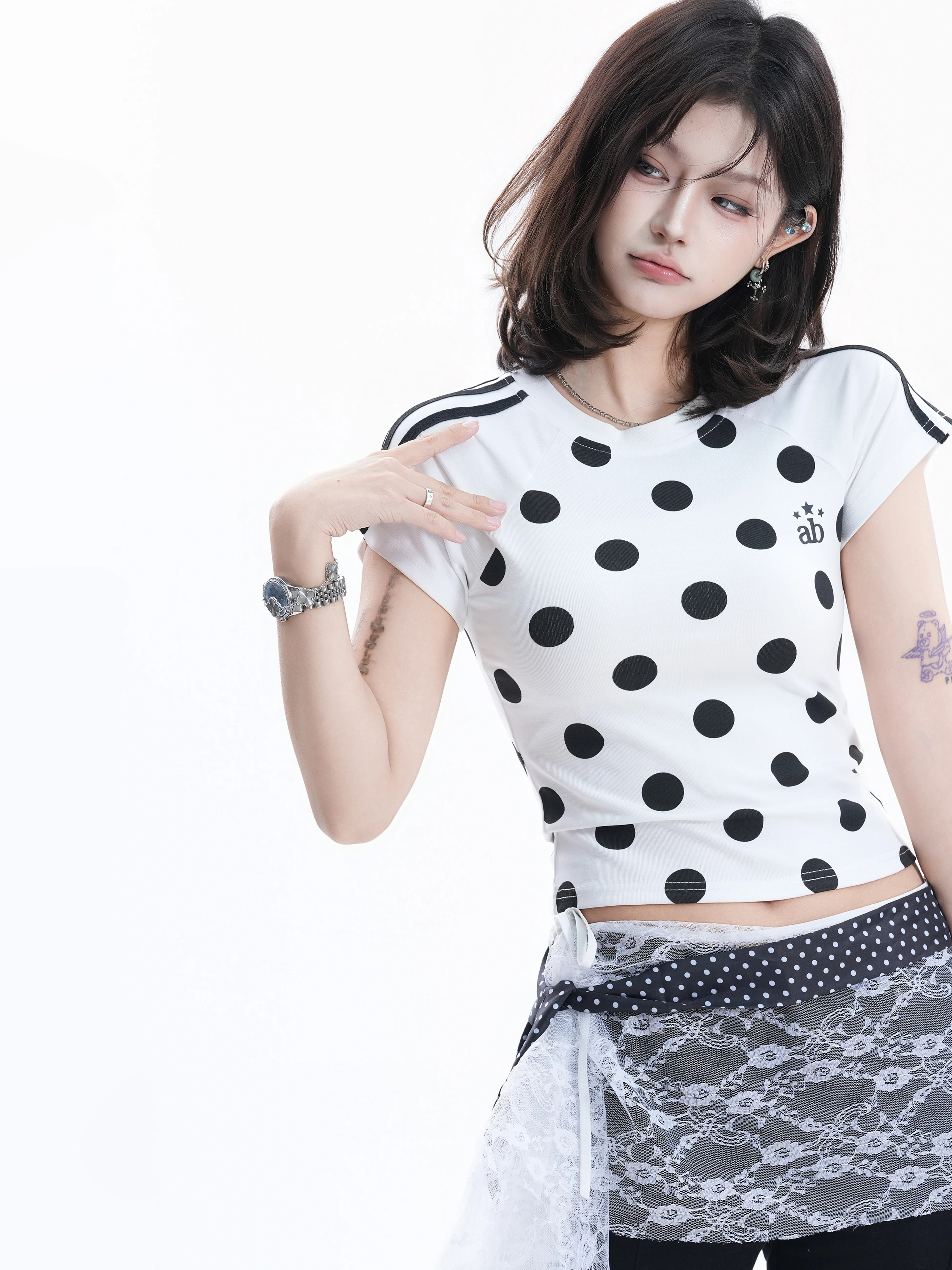 

Slim Fit Short Sleeve T-Shirt Women's Casual Style Cotton Blend Summer Fashion Polka Dot Stripe Short Length Trendy Top