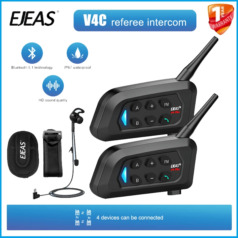 1/2/4Pcs EJEAS V4C Plus Football Referee Intercom Bluetooth Headset 4-way 1500M Full Duplex Soccer Conference Interphone