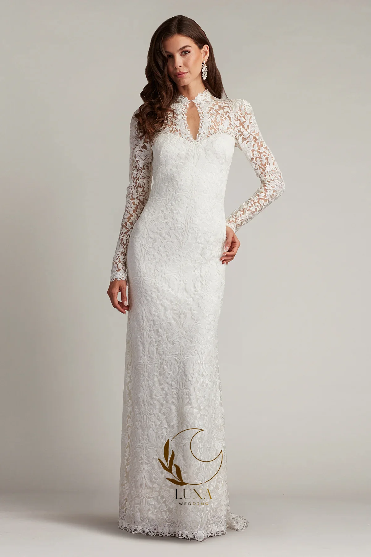 Luna Customized Luxury Lace Civil Wedding Dresses Mermaid Long Sleeves Bridal Gown Floor-Length O-Neck Vestidos De Novia