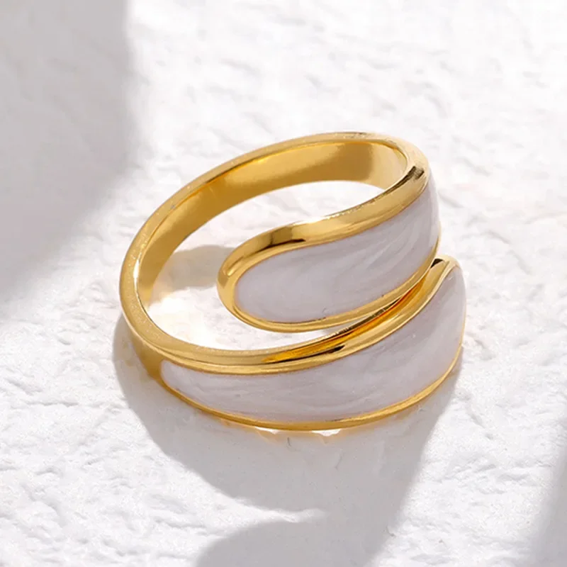 Stainless Steel Black and White Ring with Enamel Simple Double Layer Oil Dripping Adjustable Open Finger Ring for Women No Fade