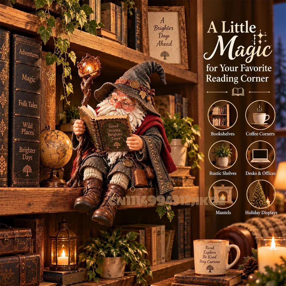 The Wandering Scholar Gnome – Enchanted Reading Wizard Figurine,Reading Gnome Book Lover Decor, Fantasy Wizard Statue