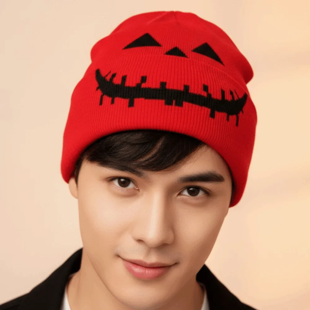 Knitted Fabric Pumpkin Beanie Hat Soft Texture Warm Halloween Knitted Cap Lightweight Breathable Hip Hop Skullcap