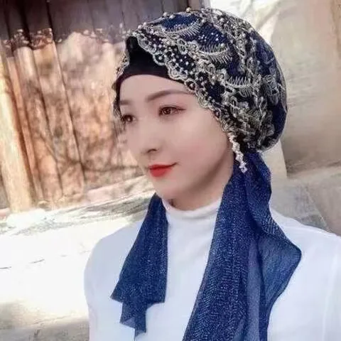 

Модный тюрбан с вышивкой из бисера, длинный хиджаб, предварительно завязанная шапка, платок для мусульманских женщин, шляпа, повязка на голову, мгновенный шарф, капот от выпадения волос