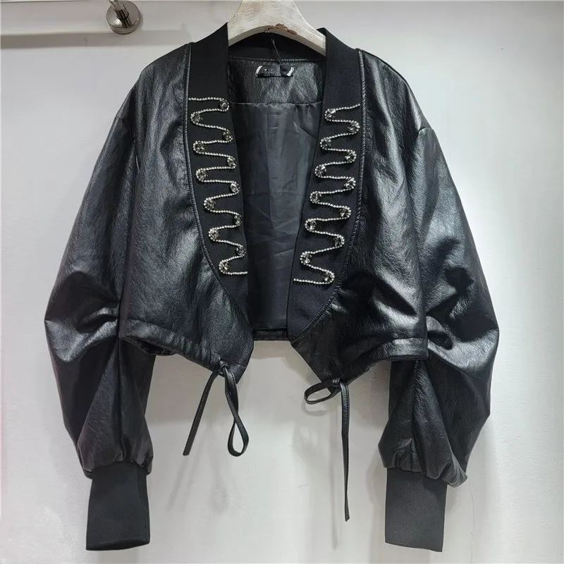 여성용 2025 가을 신상 패션 라인스톤 장식 코트 여성용 솔리드 컬러 인조 가죽 재킷 루즈 롱 슬리브 재킷