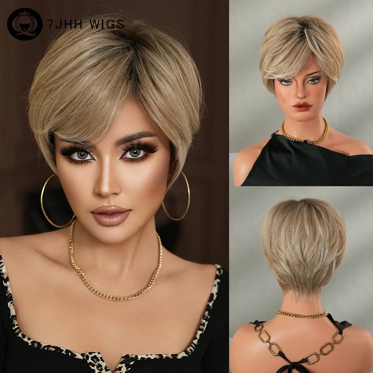 7JHH WIGS Kurze, gerade, goldbraune Perücke für Damen, synthetische, hitzebeständige, modische, sofort tragbare Bob-Perücken
