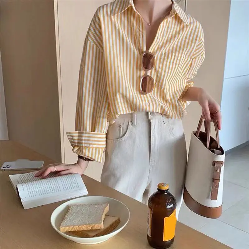 Korean 2024 Spring New Simplicity Lapel Collar Comfortable Tops Women Fashion Stripe Color Blocking Long Sleeved Loose Shirt