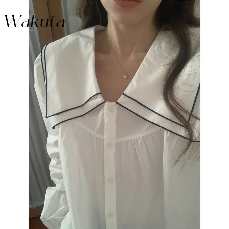 WAKUTA Japanese Classic Double Collar Color Collision Long-sleeved Shirts Fall Simple Loose Top Korean Commuting Versatile Shirt