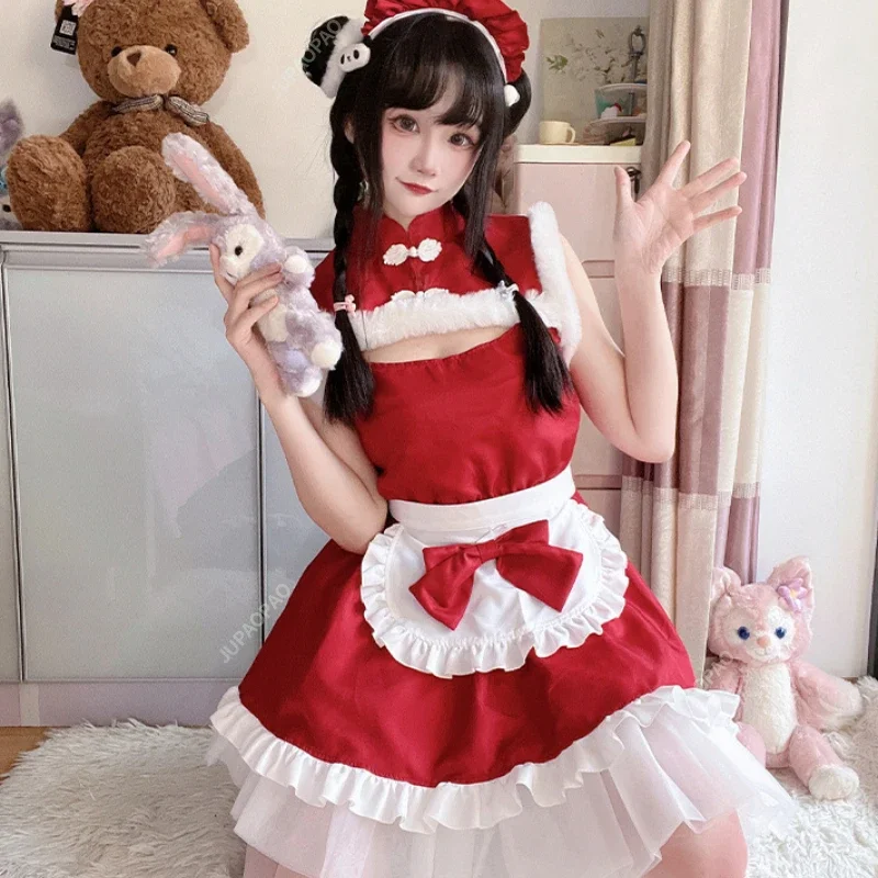 Natal japonês anime empregada uniforme feminino sexy rpg traje vestido conjunto vermelho puro desejo empregada conjunto vestido de ano novo robe