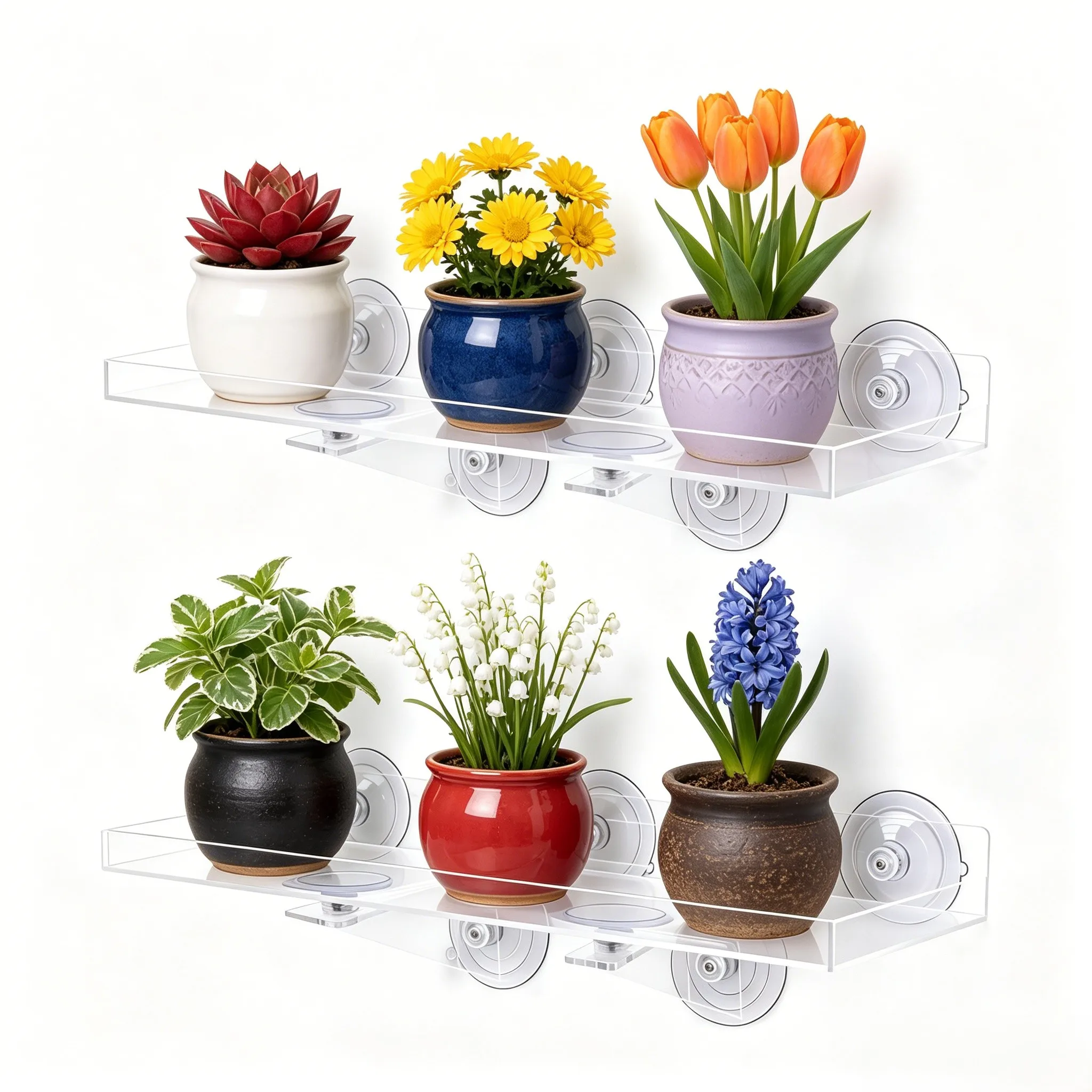 2 Pack Clear Window Plant Shelves for Acrylic 7 Suction Cups Reinforced Triangular Brackets and Space-Efficient Layout