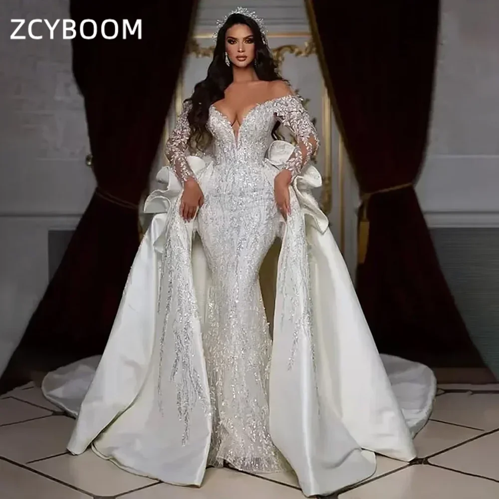 Customized Luxury Crystal Mermaid Long Sleeves Bridal Gown Long Sleeves Backless Wedding Dress Detachable Train Vestido De Noiva