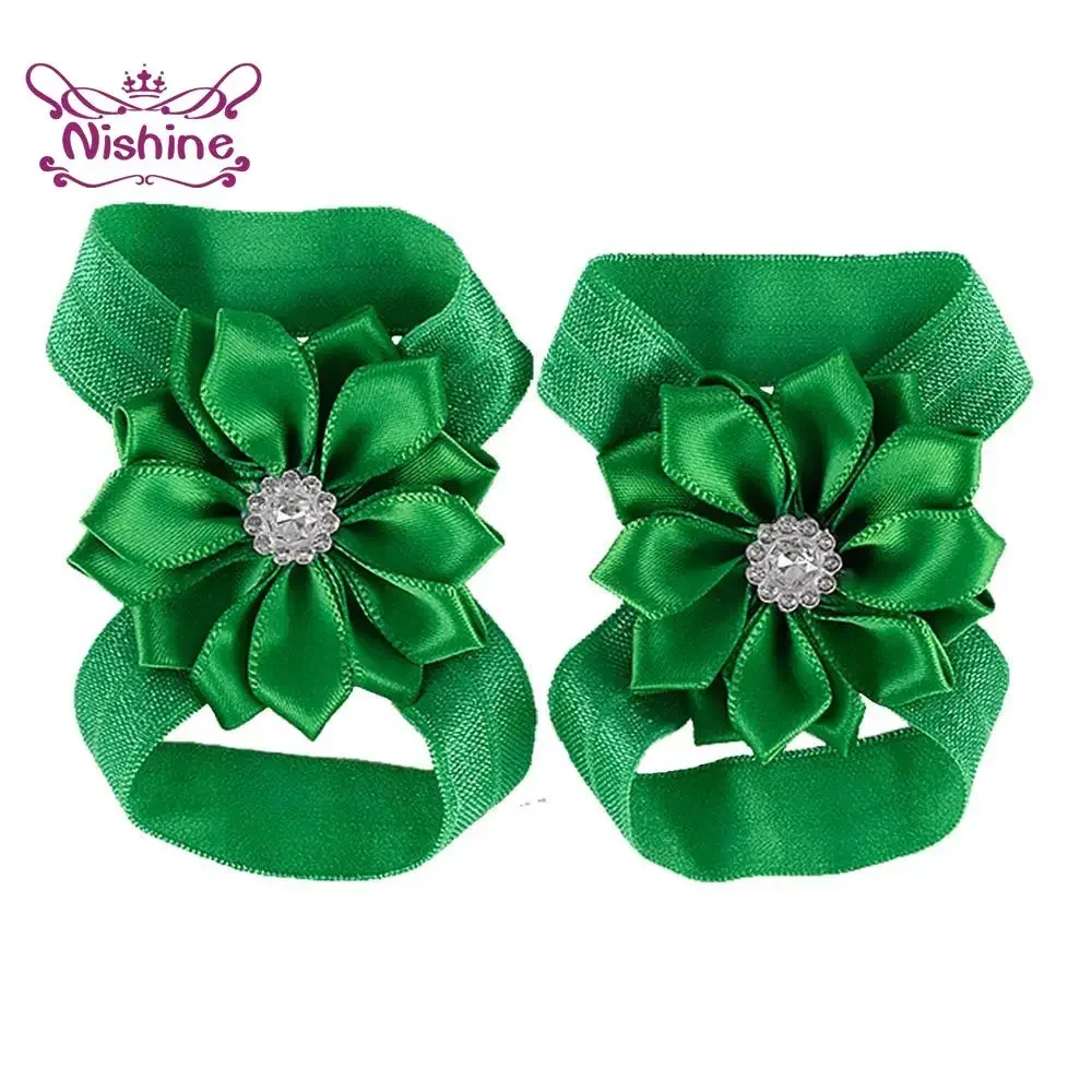 Cute 2pcs/pair Chic Satin Ribbon Flower Barefoot Sandals Baby Shower Gift Girls Newborn Toddler Kids Photography Props