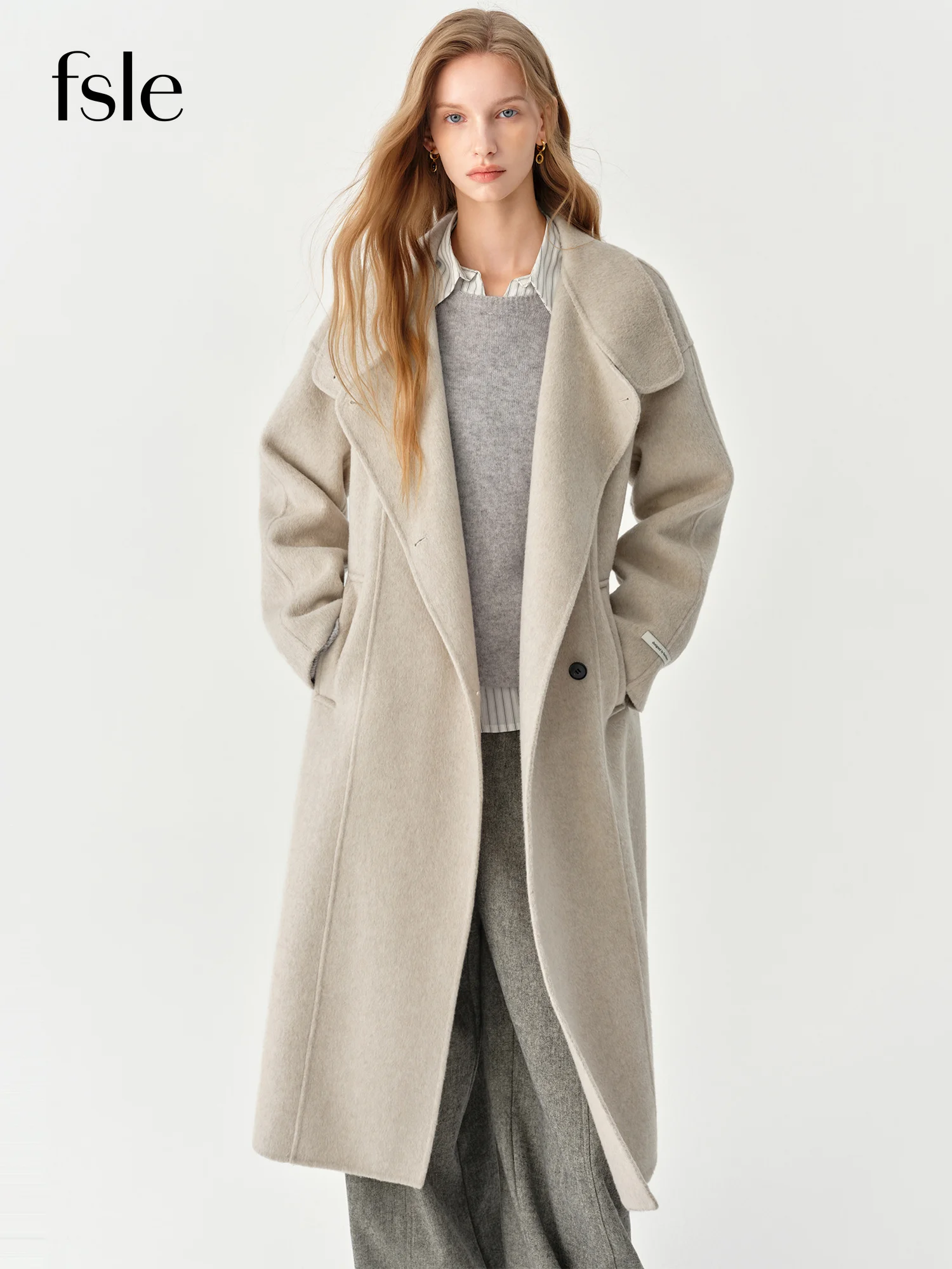 FSLE 2026 Autumn Winter Women Stand Collar Slim Fit Double Faced Wool Coat Elegant Minimalism Long Coat Outerwear New Arrival