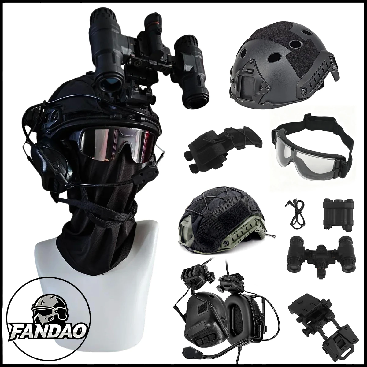 Tactical Helemt Set with NVG Model Communication Headset Goggls Face Mask for CS Paintball Games Airsoft Shooting Gear Cosplay