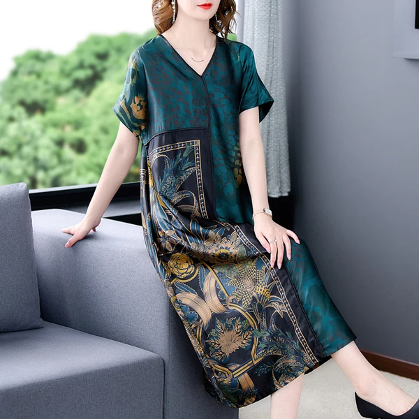 

2022 Loose Casual Print Mulberry Silk Maxi Dress Spring Summer Vintage 4XL Plus Size Dress Elegant Women Bodycon Party Vestidos