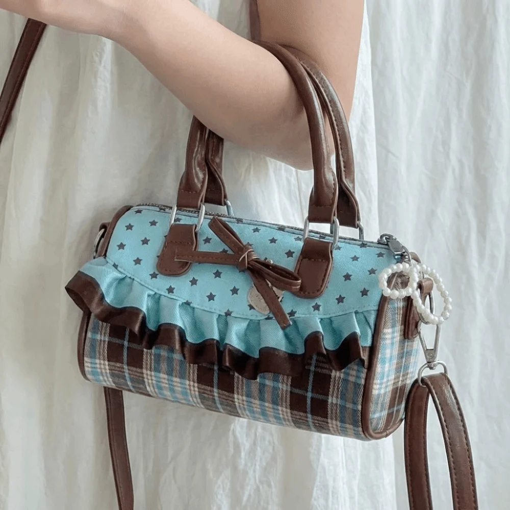 

Sweet Bow Lolita Crossbody Bag Ruffle Lace Trim Pillow Handbag Polka Dot Design Chic Kids Shoulder Tote Bag Daily Use Children