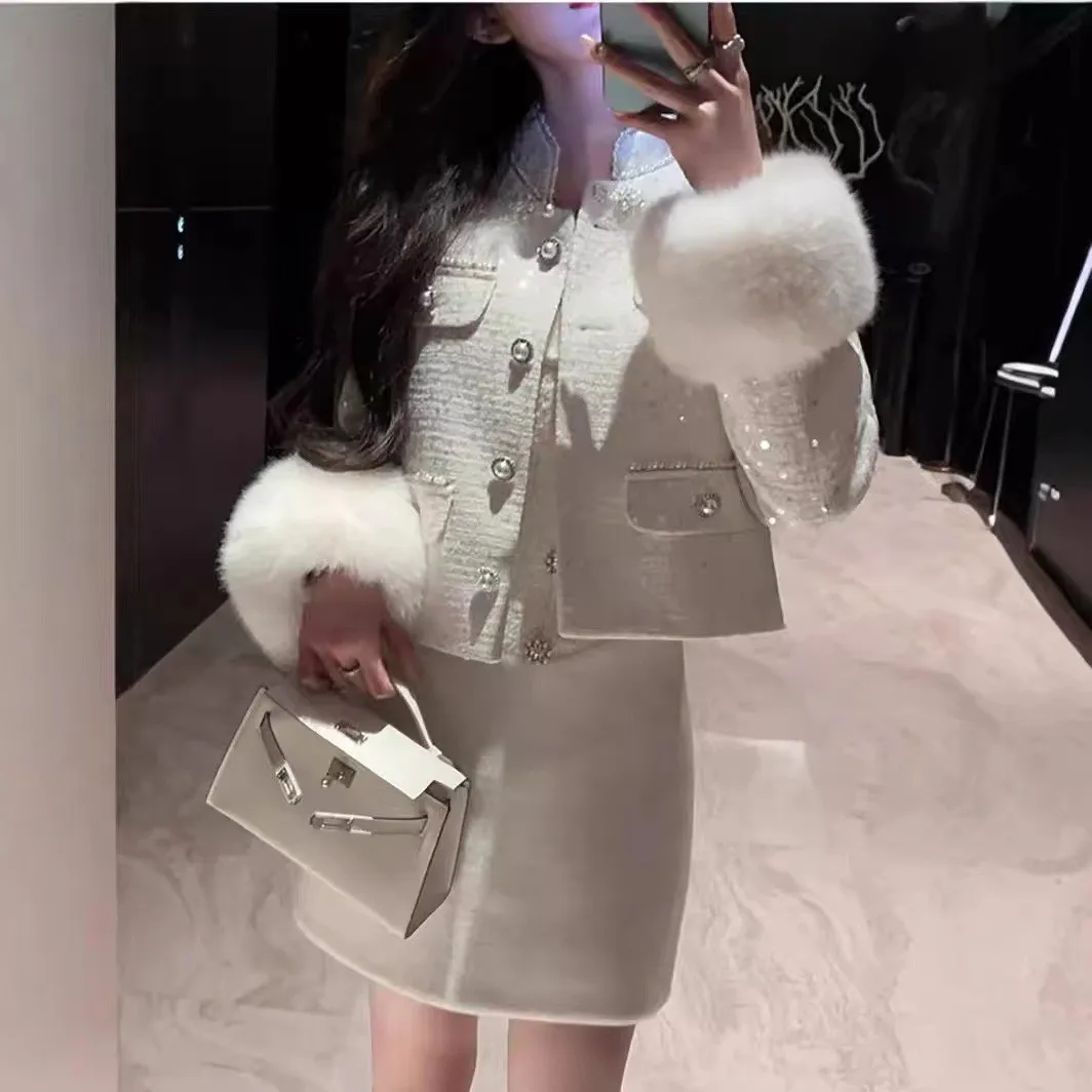 Autumn Winter Jacket New Heavy Industry Sequined White Woolen Coat Women Thick Woolen Feather Fur Jacket