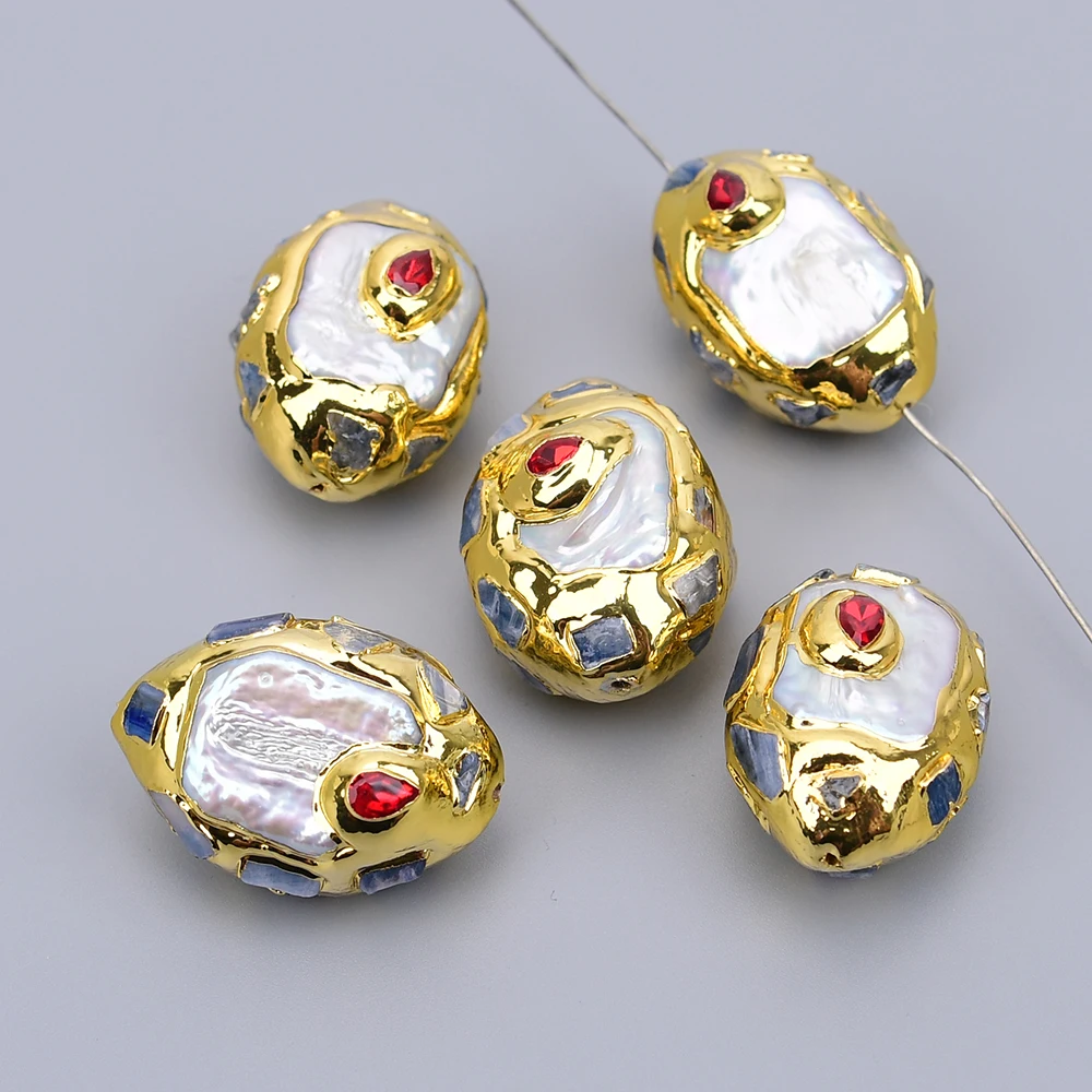 

APDGG 5 Pcs Cultured White Keshi Pearl Blue Kyanite Red Crystal Paved Loose Beads Jewelry Making DIY