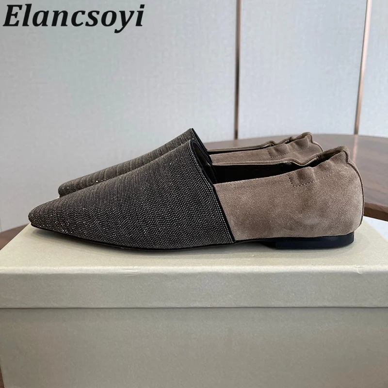 Single Shoes Pointed Toe Cow Suede Mary Jane Shoes Spring Autumn Women's String Bead Decor Wrinkle Elasticity Flat Shoes