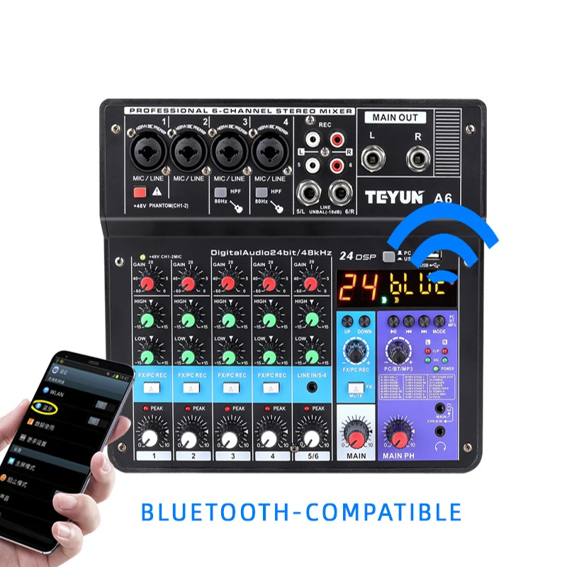 

New 48V fantasy power mixer professional 6-channel USB digital sound card dj audio mixer for teyun