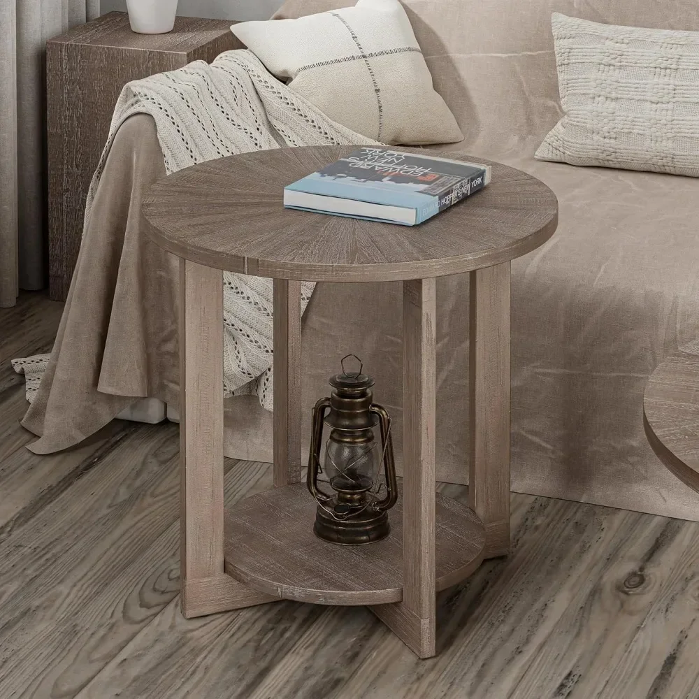 Round Wood End Tables with Storage, Rustic Farmhouse Accent Table with Distressed Wood Top, Circle Table for Living Room