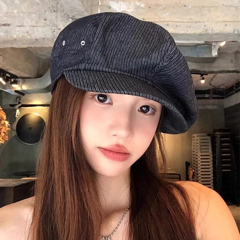 

Korean Literary Striped Newsboy Hats for Women Show Face Small Summer Travel Sun Protection Casual Retro Octagonal Berets Cap