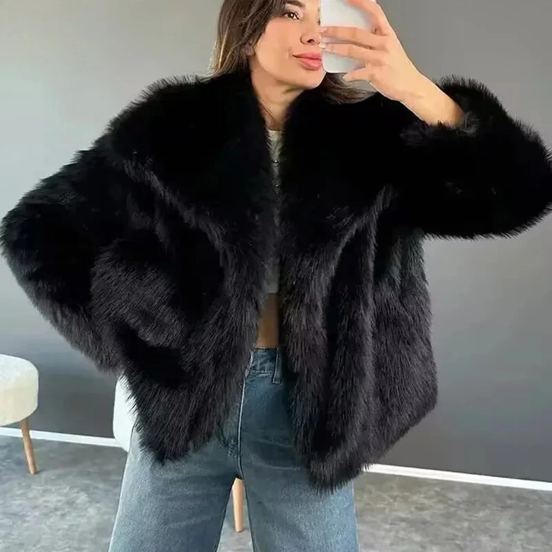 

2025 Woman New Faux Fur Coat Fur Plush Fluffy Jacket Warm Red Gray Black White Fur Coat Outerwears Lapel Collar Thick Coat