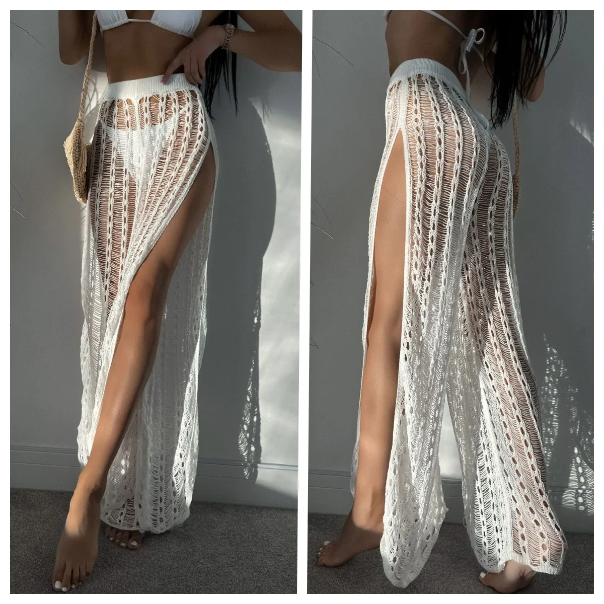 

DSMTRC Sexy Perspective Mesh Hollow Out High Split Knitted Trousers Vacation Outfits Beach Wear Pants For Women Solid Color