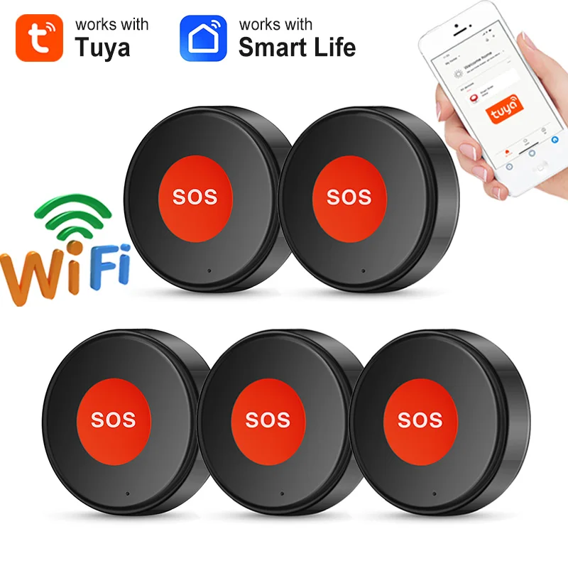 

Tuya WiFi SOS Emergency Button hanging rope Black Wireless Panic Smart Life APP Alert for Home Security Elder Care Instant Help