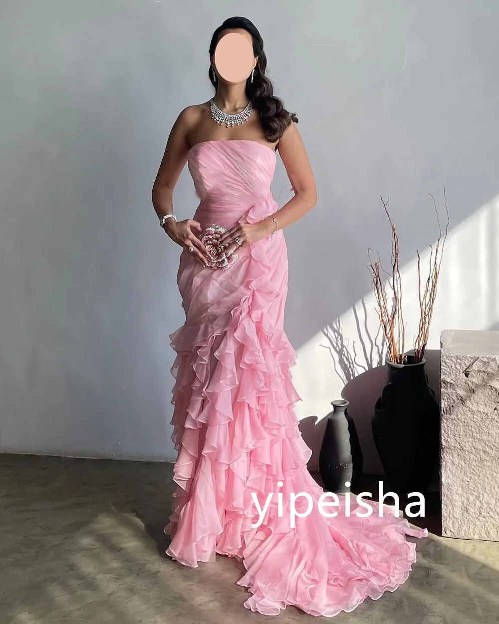 Customized Modern Style Chiffon Pleat Mermaid Strapless Long Dresses Homecoming Dresses Pastrol Unisex Chinese Style Formal Casu